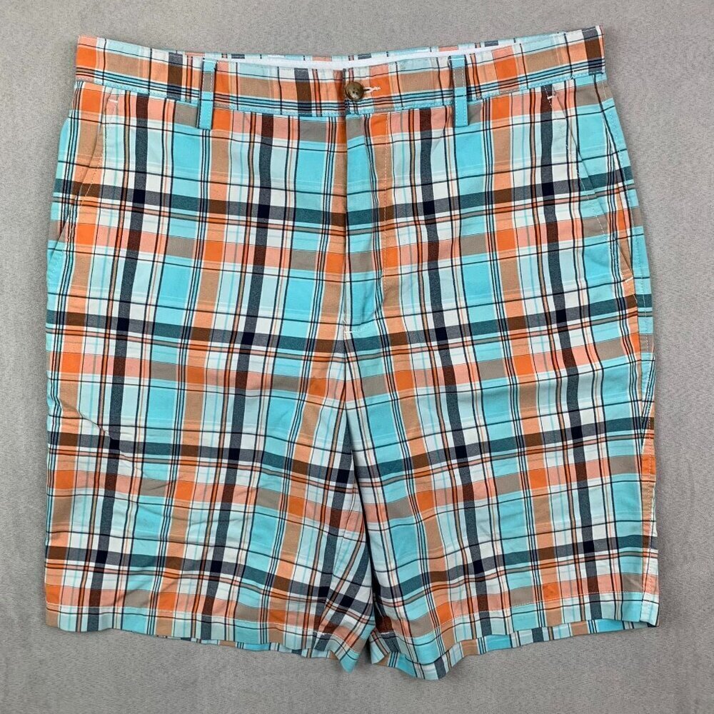 FootJoy Mens Shorts 34 Blue Orange Plaid Chino Golf 10" Inseam Nylon Polyester